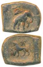 Taxila, Copper Karshapana, 13.01g, Obv: Punch-marked with Lion to left with Swastika & a t