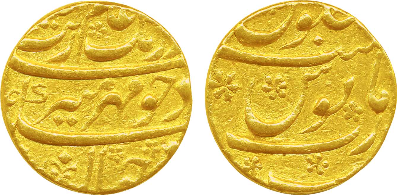 Aurangzeb, Gold Mohur, 10.99g, Surat Mint, beautiful flower marks on planchet (KM# 315.45)