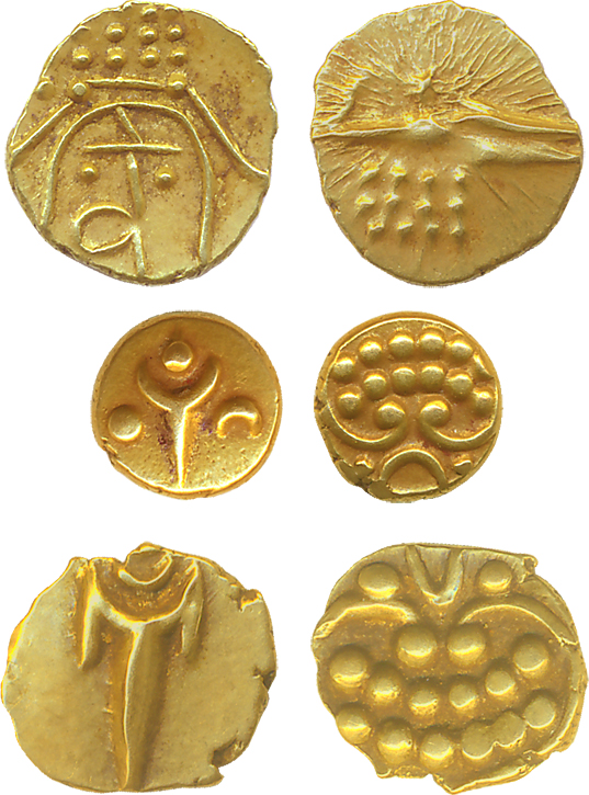 Thanjavur, Gold Fanam (3), Obv: Part of the stylized lion with nagari letter ‘Ve’, Rev: St