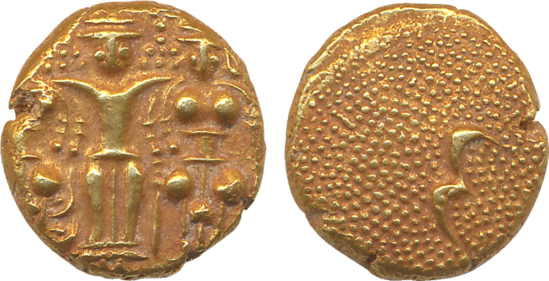 Nawab Umdat ul Umra, Gold 3 Sami Pagoda, 3.41g, ObvL Lord Balaji standing with his two wiv