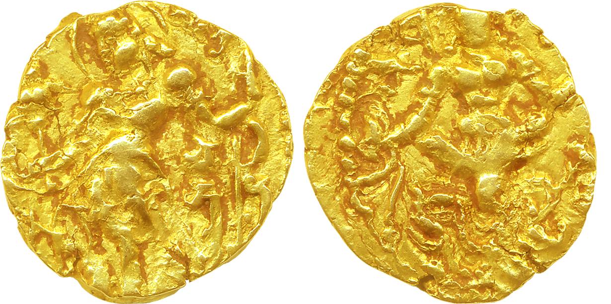 Gupta, Chandra Gupta II, Gold Dinar, 7.69g, “Archer” type, Altekar Class II, var.1Obv: Nim