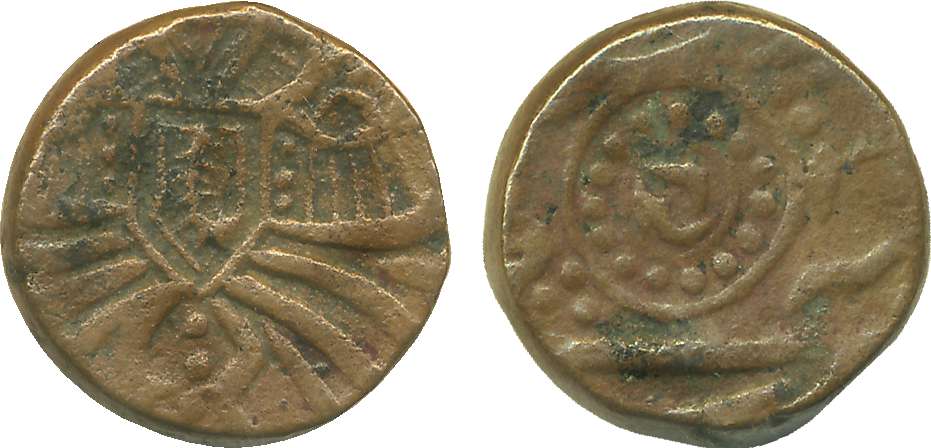 Copper Kachha Paisa, 10.02g, “Ra’ij series”, Obv: Depiction of decorative temple, Rev: Ra’