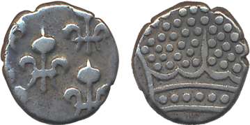 Fanon, Silver, 1.42g, Obv: Pearled crown, Rev: 5 fleur-de-lis on rev (KM# 44). Very fine+,