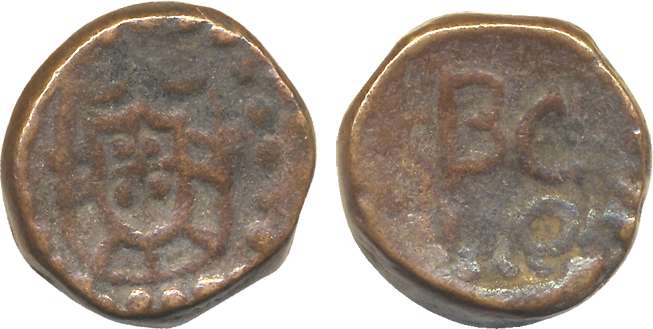 Cochin, Copper 4 Bazarucos, 16.08g, Obv: Square arms in dotted circle, Rev: “BC-CO” in two