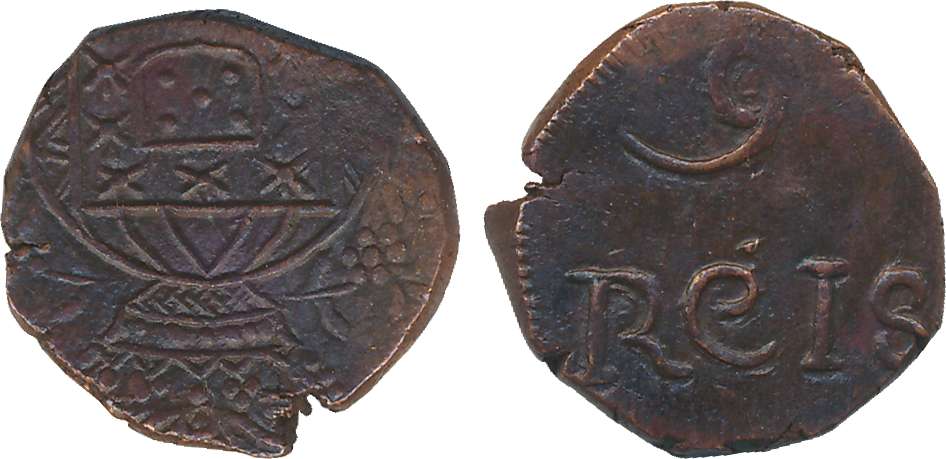Joao, Copper 9 Reis, 5.67g, Obv: Crown arms, Rev: Value (KM# 228). Patinated, about uncirc