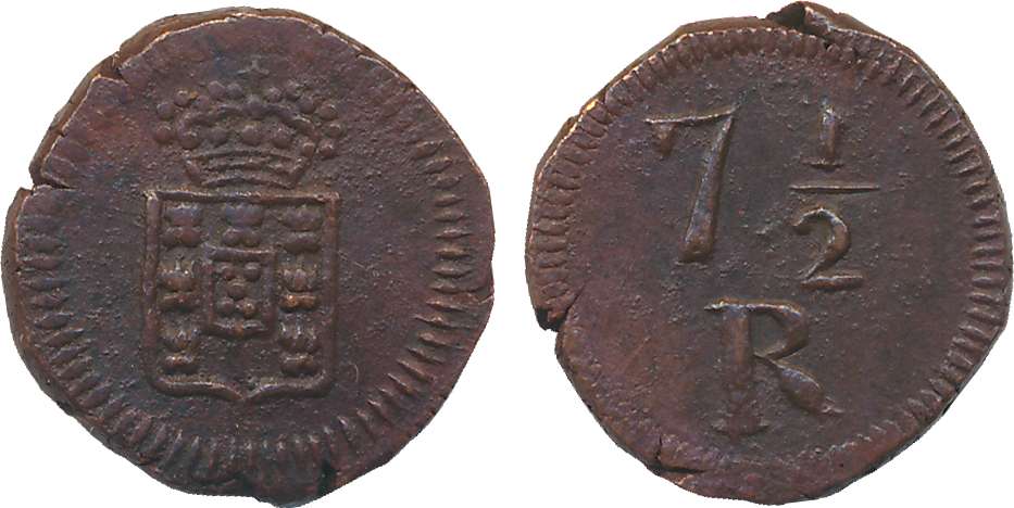Joao, Copper 7 ½ Reis, 5.35g, Obv: Crown arms, Rev: Value (KM# 212). Patinated, about unci