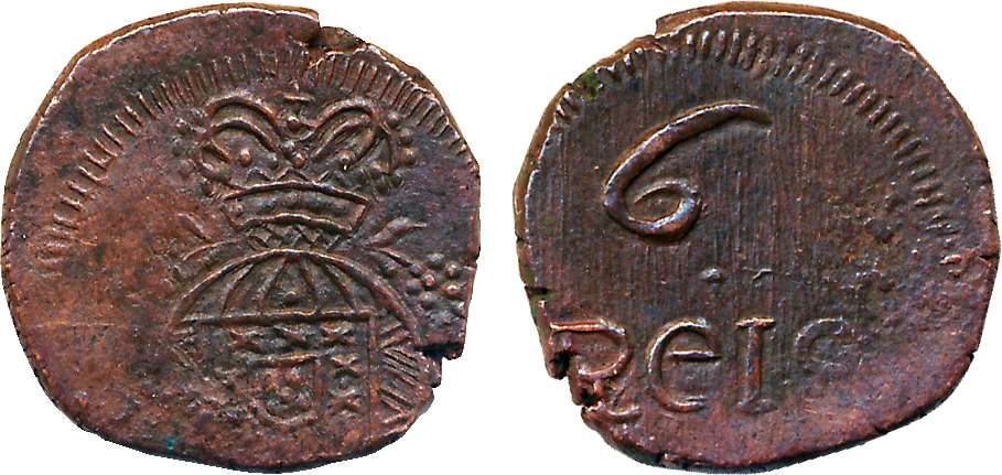 Joao, Copper 6 Reis, 4.32g, Obv: Crown arms, Rev: Value (KM# 211). Patinated, about uncirc
