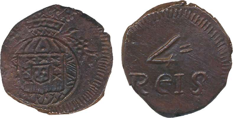 Joao, Copper 4 ½ Reis, 3.18g, Obv: Crown arms, Rev: Value (KM# 210). Patinated, about unci
