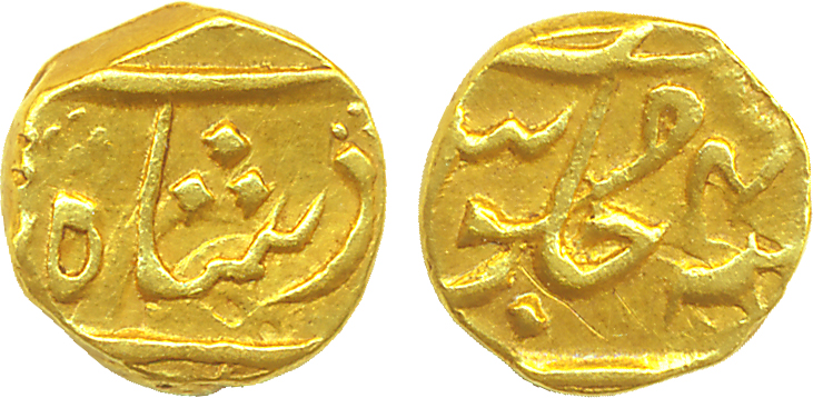 Gold 1/15th Mohur, 0.75g, Surat Mint, in the name of Shah Alam II, RY 4X. Very fine, rare.