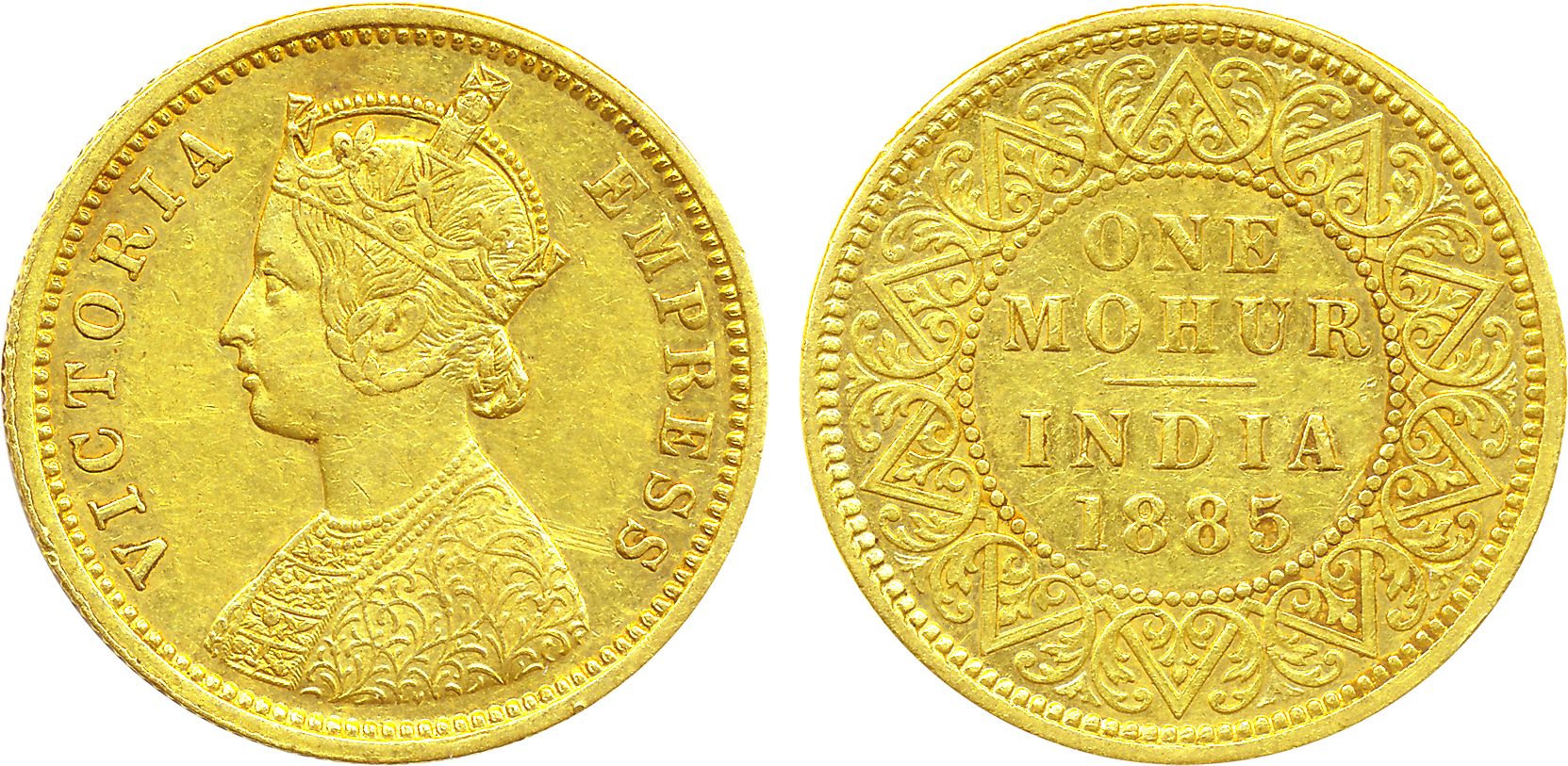 Victoria Empress, Gold Mohur, 11.65g, 1885, divided legend, Obv: Victoria Empress bust to 