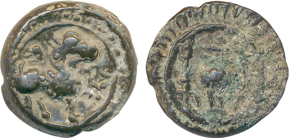 Vishnukundin, Copper, 8.28g, Obv: Lion with a raised paw within circular boarder, Rev: Con