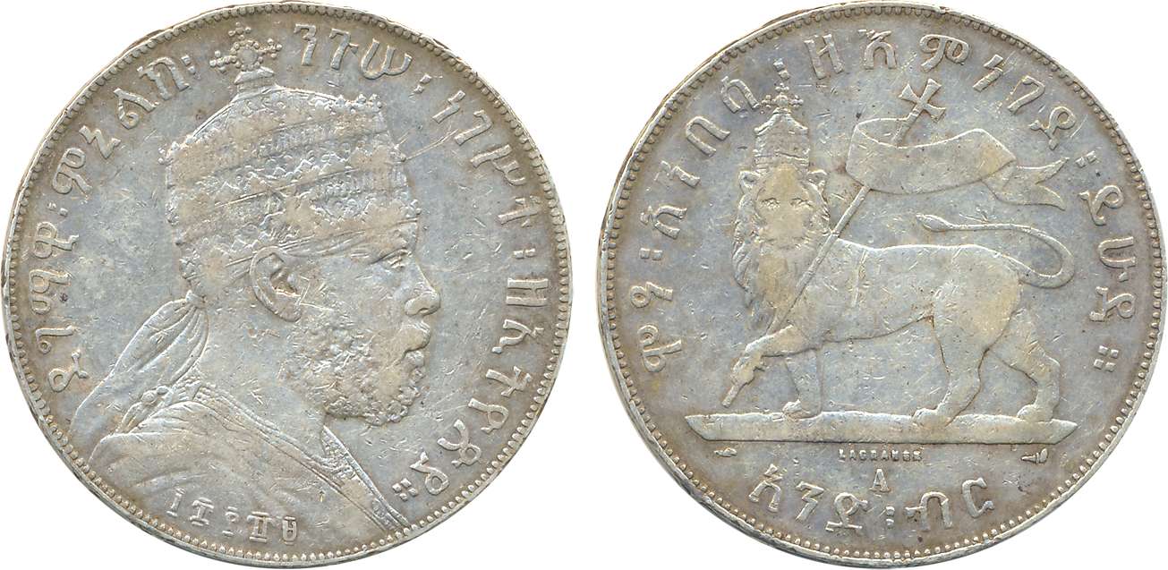 Ethiopia, Manelik II, Silver Birr, 27.99g, Obv: Crowned bust right, Rev: Lion left foreleg