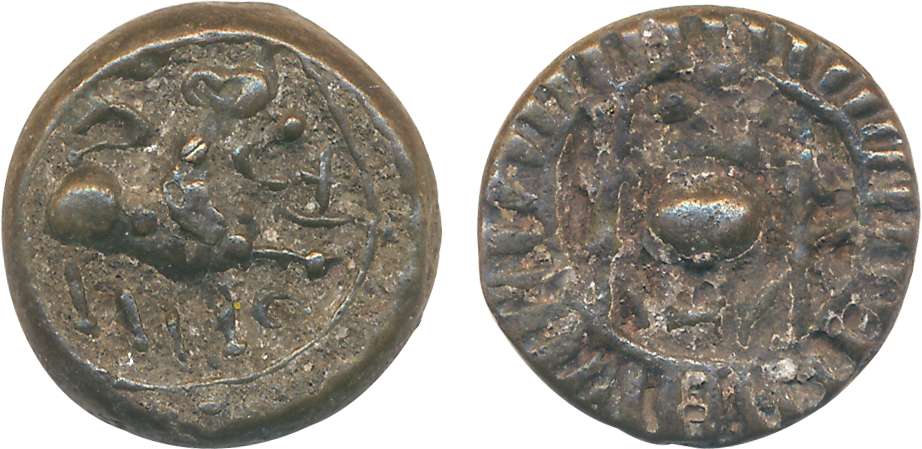 Vishnukundin, Copper Base Alloy, 7.93g, Obv: Lion with a raised paw within circular boarde