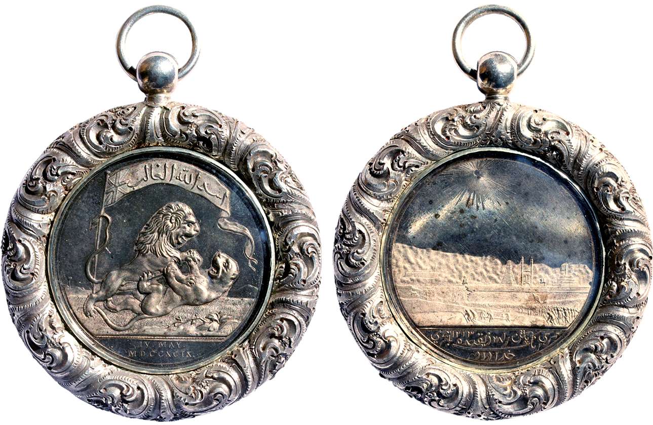 Defeat of Tipu Sultan Seringapatan Medal, Silver, Obv: The British lion trampling the Indi