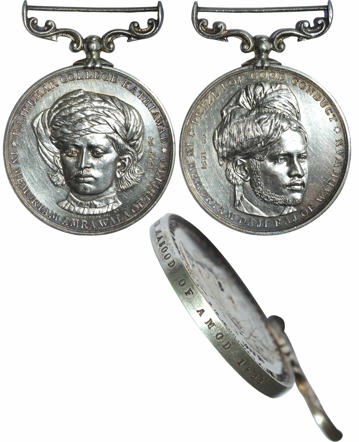 Rajkumar College Silver Medal, “Native Princes In Memoriam”, Obv: Turbaned head of Amra Wa