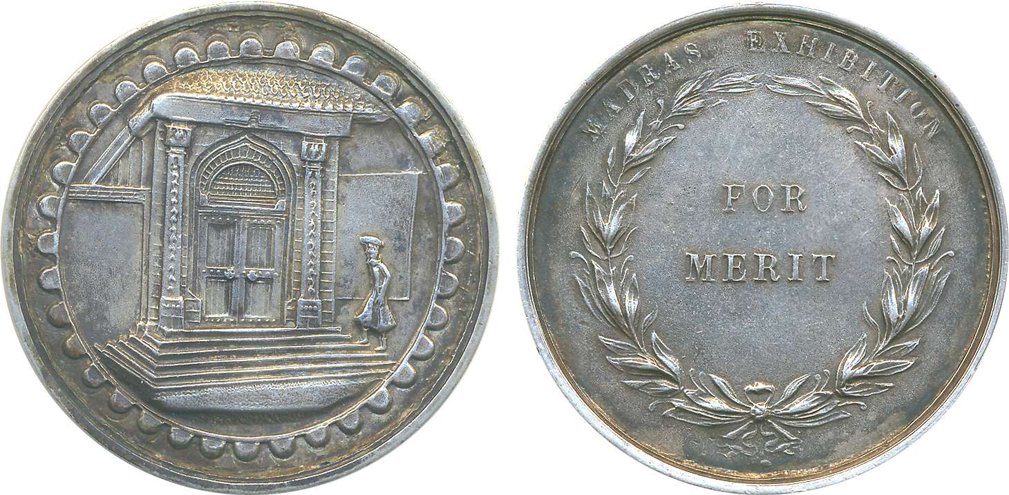 Madras Exhibition Medal. Silver, 53.50g, Late 19th century. Obv: An Indian walking to an o