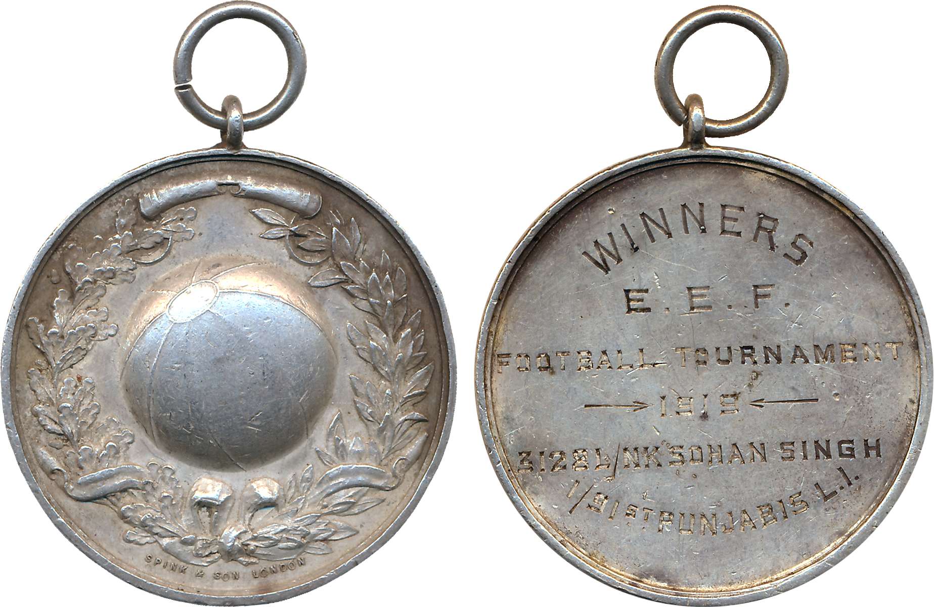 Football Medal, Silver, 26.77g, Obv: A football surrounded by wreath and “Spink and Son , 