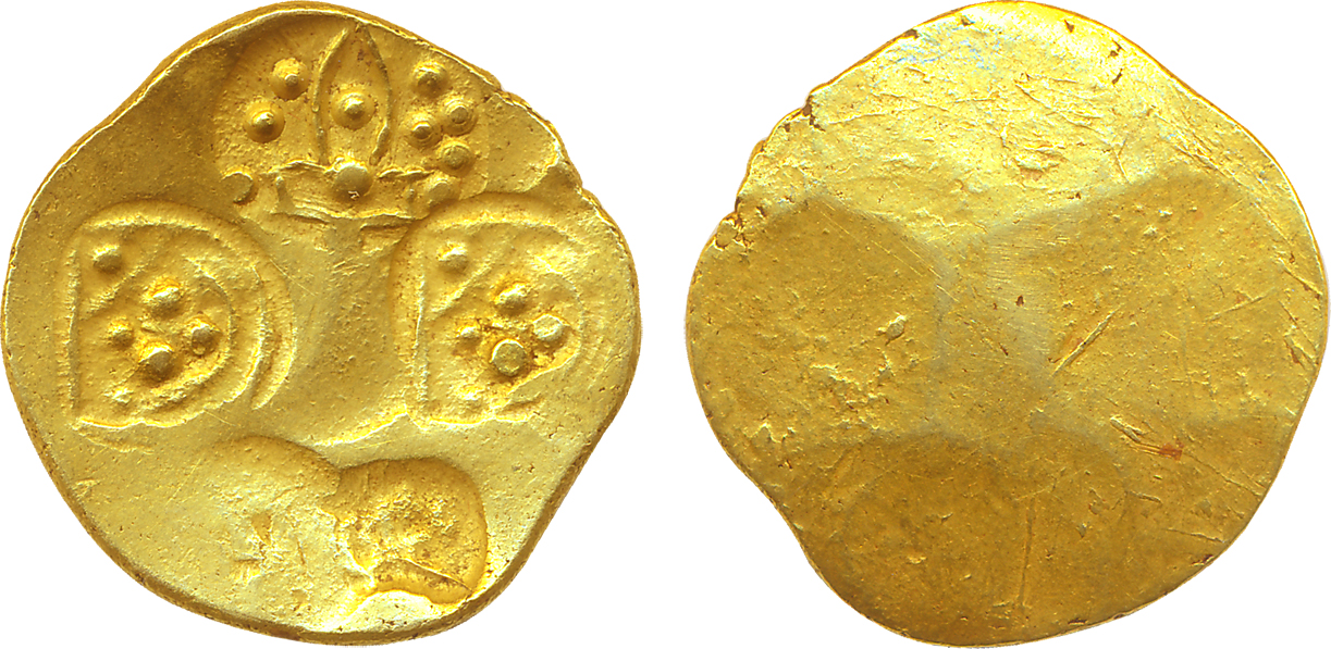Chalukyas of Kalyana, Jayasimha II Jagadekamalla, Gold Punch Marked Gadyana, 3.74g, Unifac