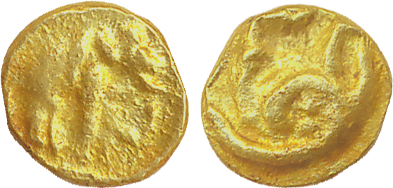 Western Gangas, Gajapati Gold Fanam, 0.40g, Obv: Elephant standing right, Rev: Flower moti