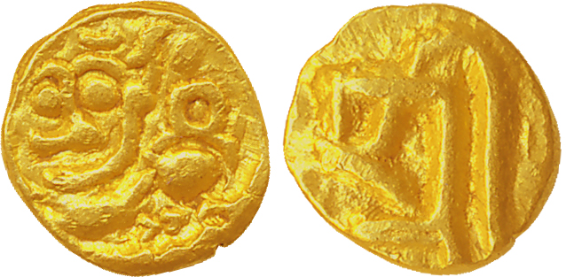 Kadambas of Goa, Gold Fanam, 0.44g, Obv: Lion facing front, Rev: Devnagari “Sri”. Very fin