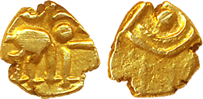 Kakatias of Warangal, Gold Fanam, 0.10g, Obv: Boar-Varaha to right, Rev: Sri in Kannada. E