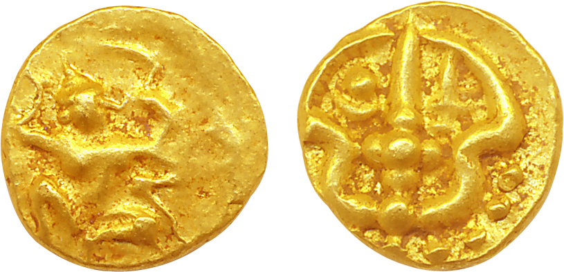 Silahara, Gold Double Fanam, 0.78g, Obv: Garuda seated facing right, holding snake, Rev: T