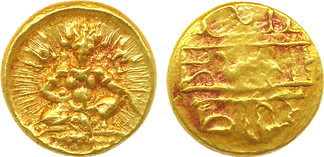 Vijayanagar, Krishna Deva Raya, Gold 1/2 Varaha, 1.67g, Obv: Seated Balakrishna flanked by