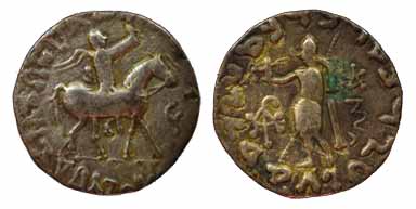 Indo-Scythians, Azes, Billon, Tetradrachm, horse-riding king to right on obv; God Zeus to 
