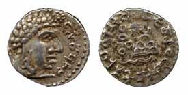 Satavahanas, Vasithiputra Satakarni, Silver, Portrait type, with ornate bust of the ruler 