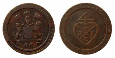 Copper, 1/96 Rupee (1/2 Dub), 1794 (KM 392). Minted at Soho, Birmingham Mint. About Very F