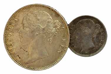 Victoria Queen, Silver (3), Set of 4: Rupee, ½, and ¼ Rupee, and 2 Annas. Divided legend t