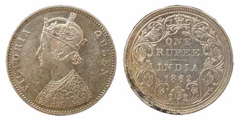Victoria Queen, Silver, Rupee, Dot Variety with 10 Dots below the date 1862. About Very Fi