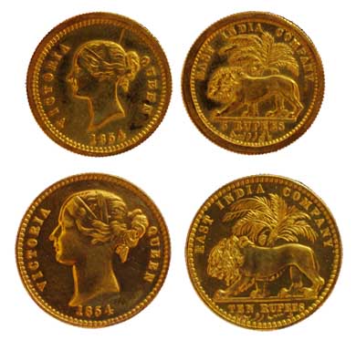 Victoria Queen, Gold (2), 10 Rupees and 5 Rupees, 1854, Divided legend type, Khajuri type 