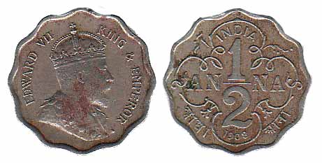Edward VII, Nickel, ½ Anna Pattern, 1908 with crowned bust of the Emperor on obv. About Ve