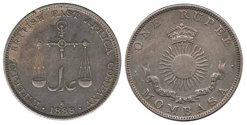 Mombasa, Silver, Rupee, 1888 H. Very Fine+, Scarce.