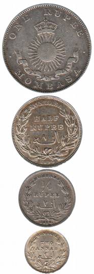 Mombasa, Silver (4), set of 4 denominations: Rupee, ½ , ¼ Rupee and 2 Annas, 1888H, 1890H 