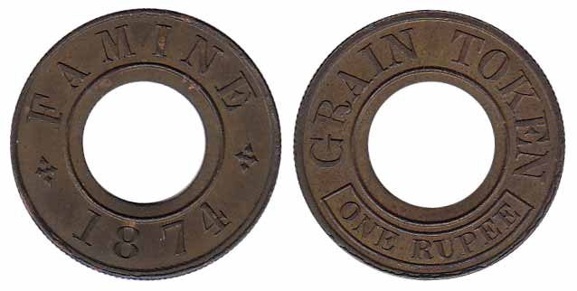 Famine Token, Copper, 1 Rupee, 1874, Famine Grain Token. About Mint State, Very Rare.
