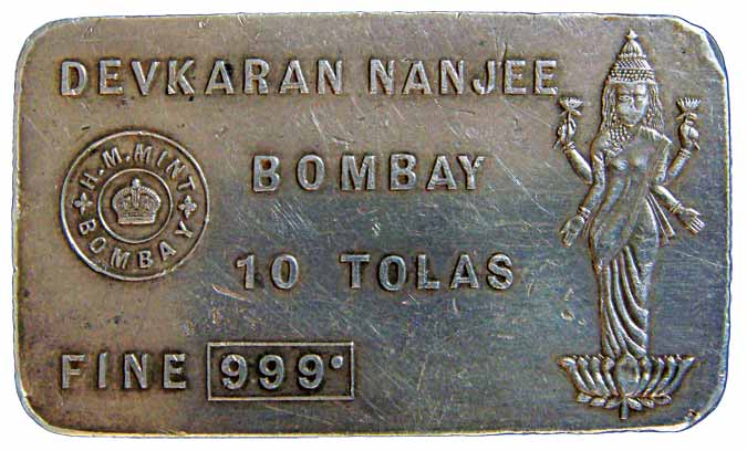 Silver Bar, 10 Tola (116.6 g), Devakaran Nanaji (modern Dena Bank), Bombay, pre-1947 issue