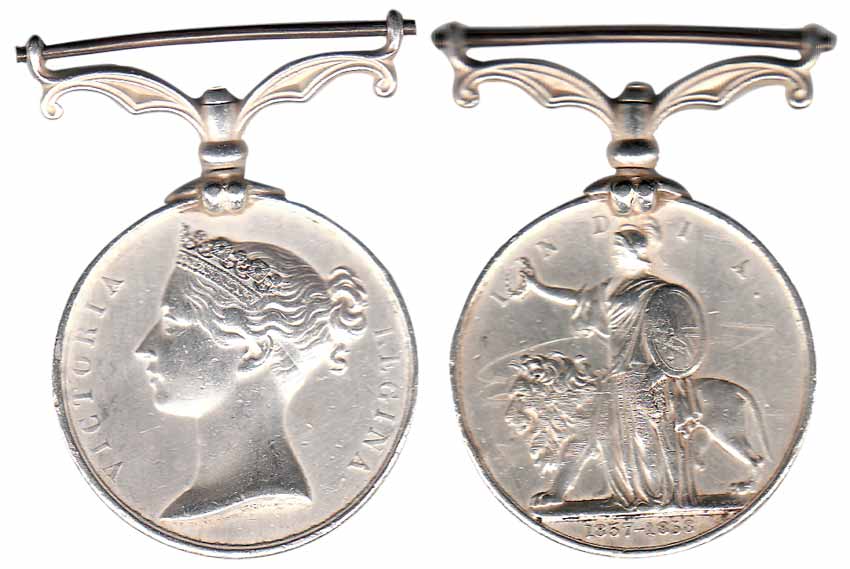 Mutiny Medal, Victoria on obv, Britania standing with a lion and holding a crown of victor