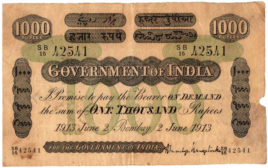 Government of India, Rupees 1000, Bombay Circle, Signature A M Brigstocke, dated 2 June 19
