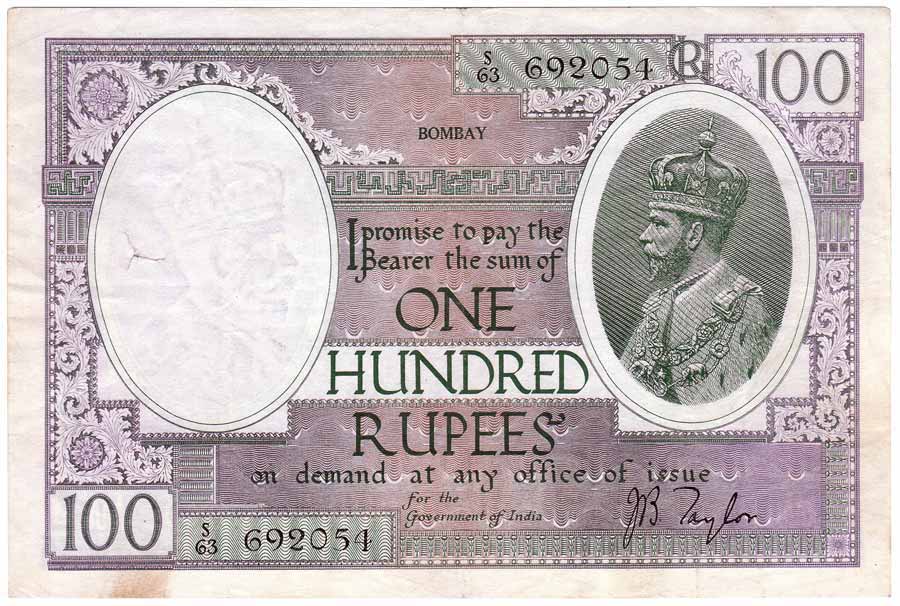 Rupees 100, Bombay Circle, Signature J B Taylor, Prefix S, Black serial numbers (Jhun# 10.