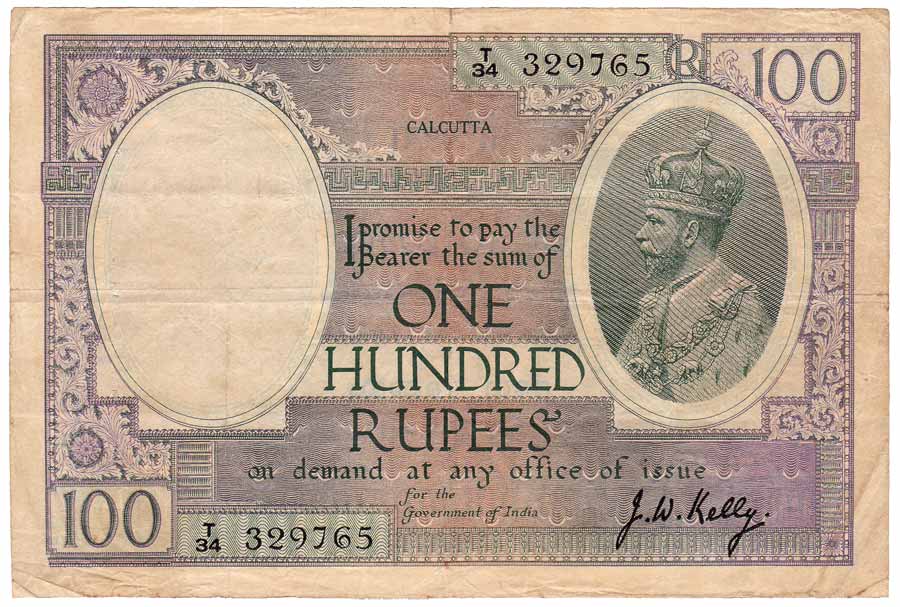 Rupees 100, Calcutta Circle, Signature J W Kelly, Prefix T, Black serial numbers (Jhun# 10