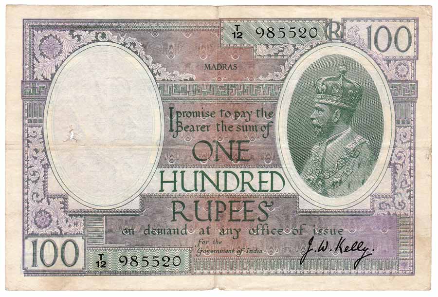 Rupees 100, Madras Circle, Signature J W Kelly, Prefix T, Black serial numbers (Jhun# 10.3