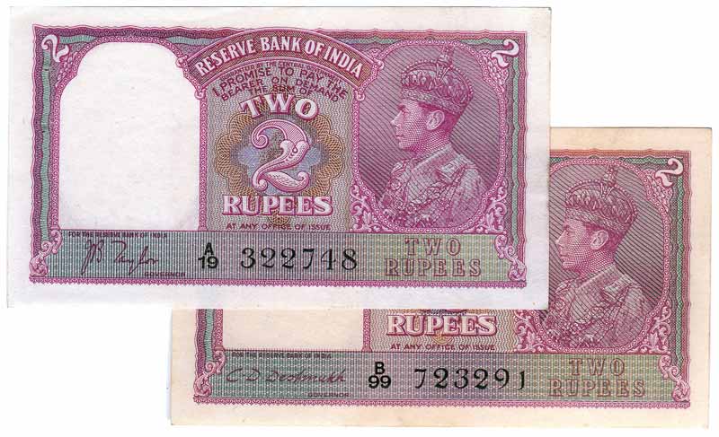 Rs. 2 (2), sign C D Deshmukh, Black Serial numbers (Jhun# 2.2). UNC, Rare. 2 notes