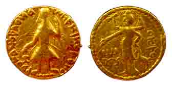 Kushanas, KanishkaI, Gold, Dinar, Osho type, the king holding a spear in left hand and off