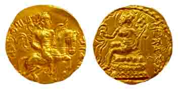 Guptas, Chnadragupta II, Gold, Dinar, Horseman type, a highly decorated king riding a hors