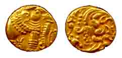 Gangas, Gold, Elephant Pagoda, an ornate elephant to right on obv; a scroll on rev. About 