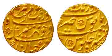 Aurangzeb, Gold, Mohur, Aurangabad Mint, AH 1078/10, mint name at top (KM 315.10). About M