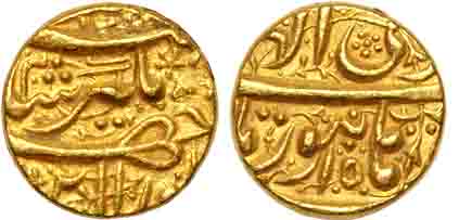Jahangir, Gold Mohur, 10.91g, Burhanpur Mint, Ilahi Month Di, RY 15, Obv: Name of Jahangir