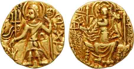Kushan-inspired coinage in the Gangetic Valley, Gold Dinar, 7.75g, Obv: Nimbate king, wear